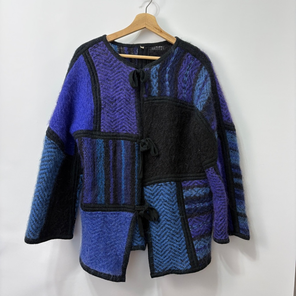 VTG Made in Italy Colorful Art Patchwork Wool Mohair Oversized Tie Cardigan sz M